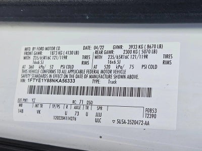 2022 Ford Transit Cargo Van T-150 130" Low Rf 8670 GVWR RWD