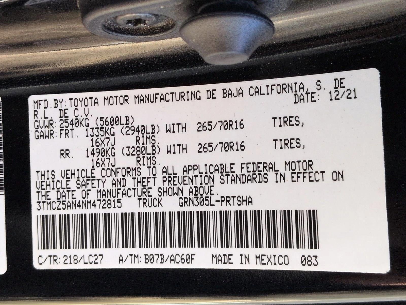 2022 Toyota Tacoma 4WD 4WD TRD Off Road Double Cab 5' Bed V6 AT (Natl)